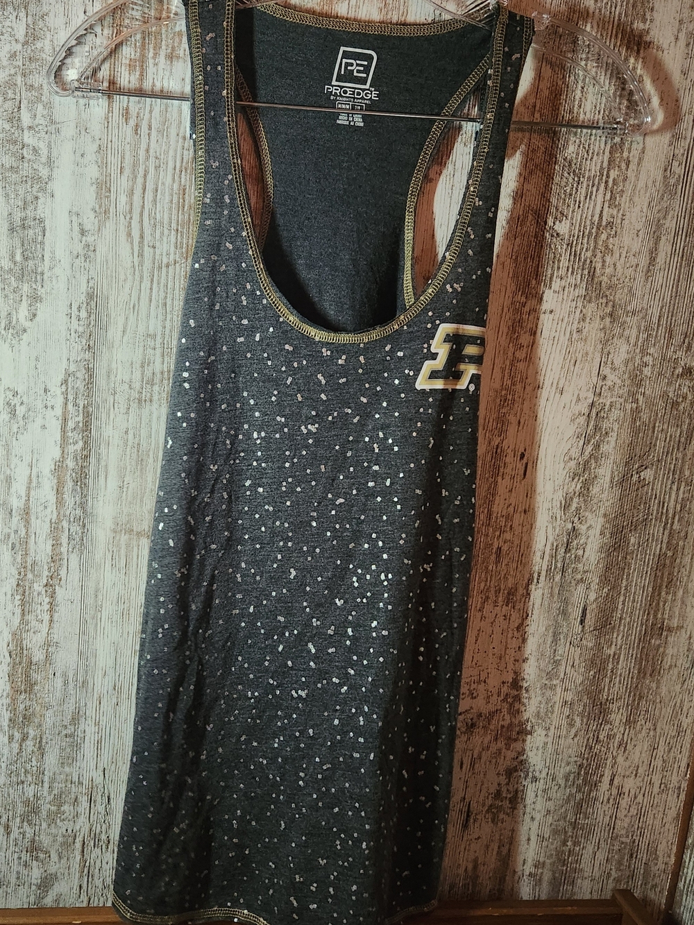 Pro Edge Charcoal Speckled Racerback Tank Purdue University Gold Trim Logo